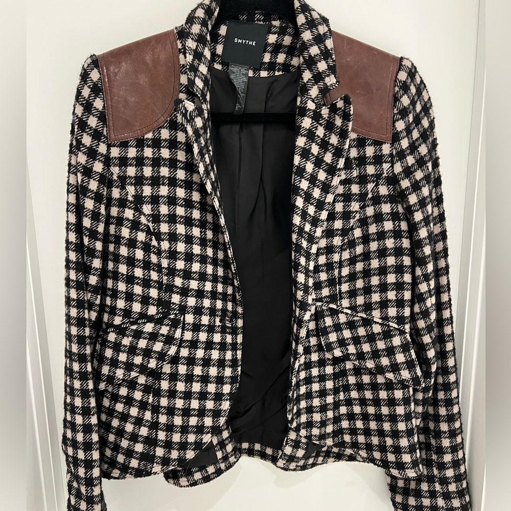 Smythe Black and Cream Checked Blazer with Brown Leather Shoulder Patches